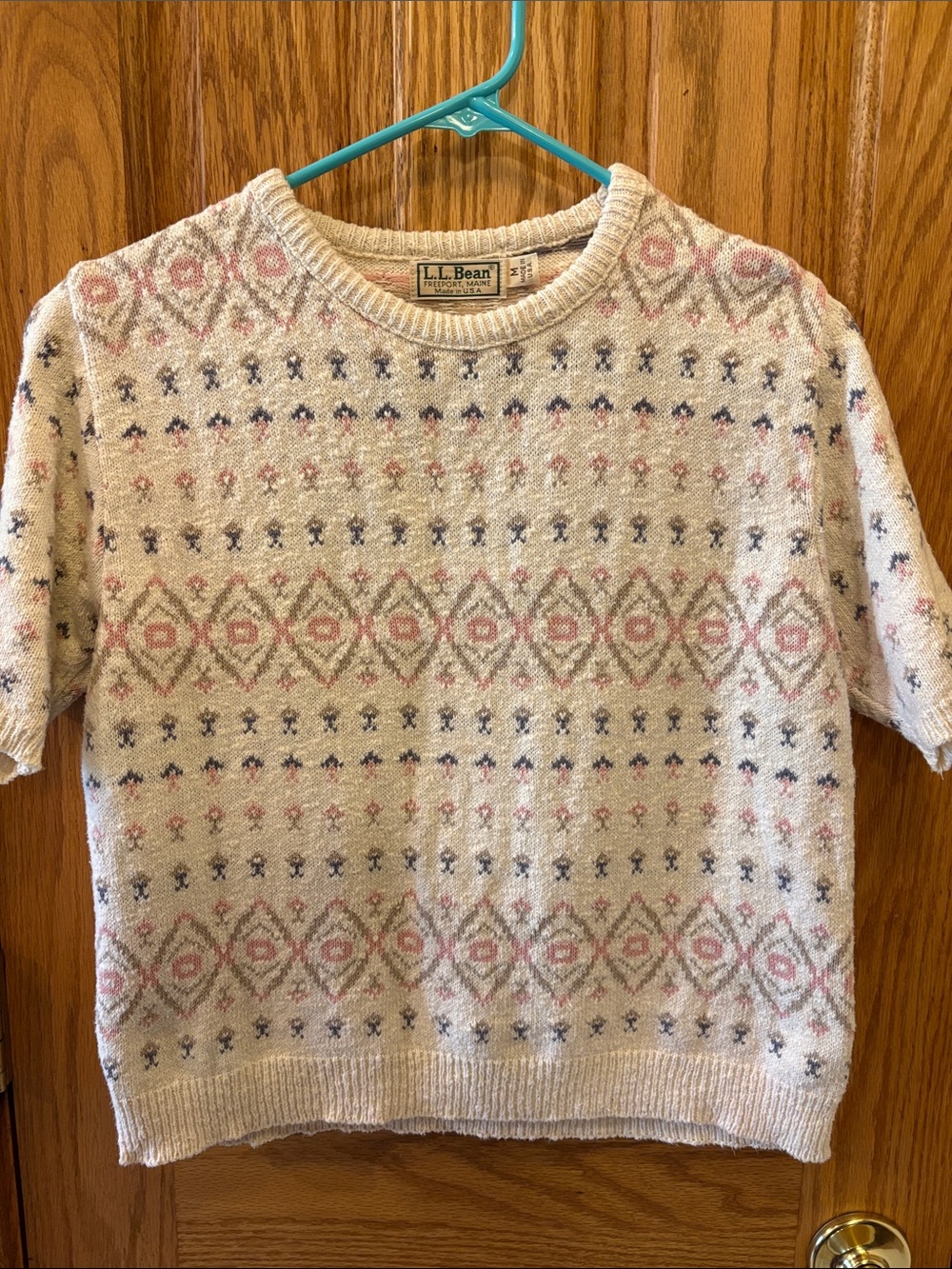 L.L. Bean Cream Fair Isle Crewneck Sweater with Pink & Gray Accents - Vintage
